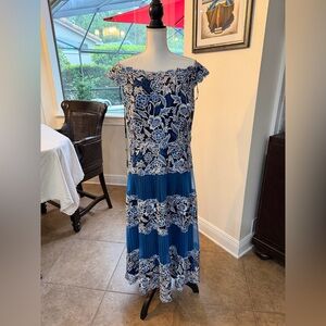 Tadashi Shoji Blue and White Floral Lace Maxi Dress